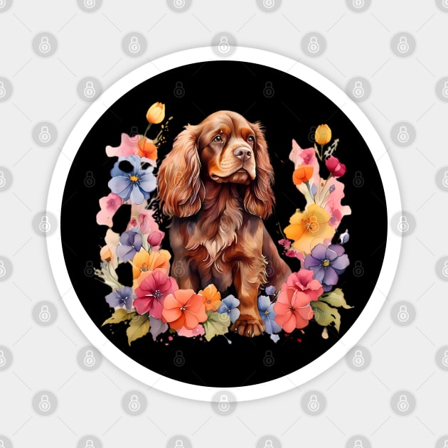 A sussex spaniel decorated with beautiful watercolor flowers Magnet by CreativeSparkzz